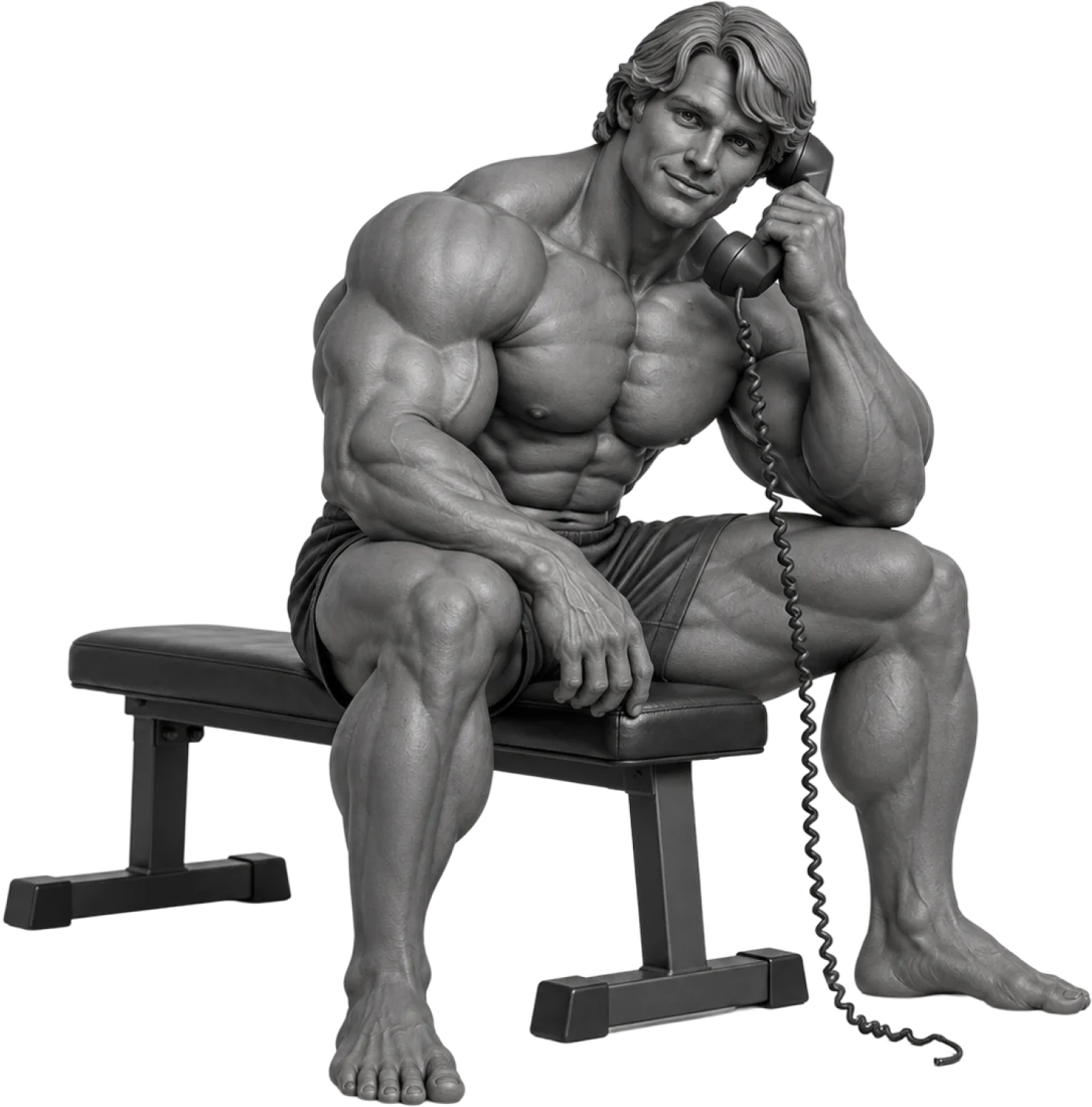 Muscular statue seated on a bench, smiling and talking on a corded phone